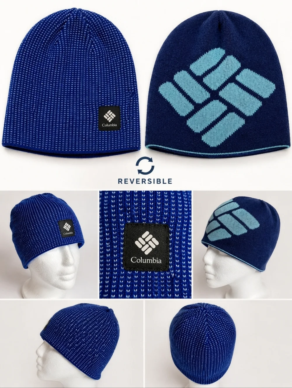 Columbia Reversible Knit Beanie Blue Winter Hat Logo OS Unisex